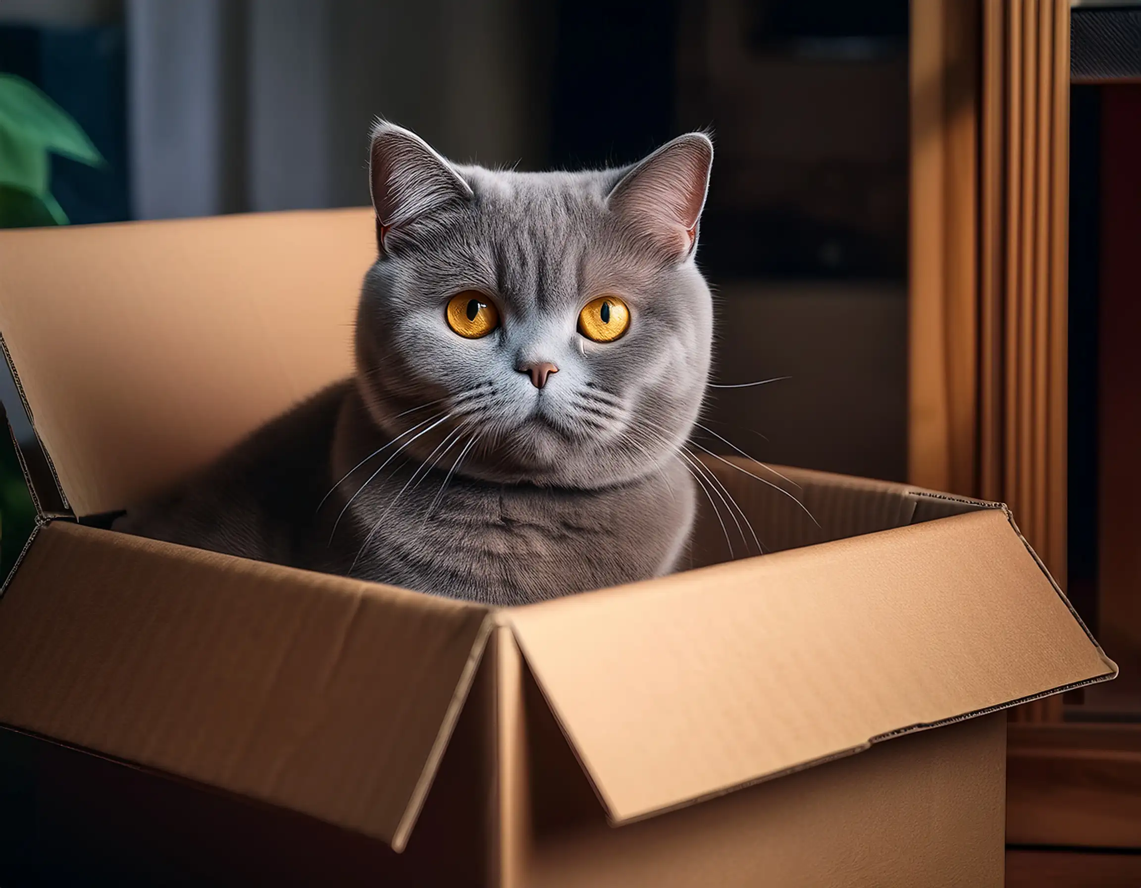 Filhote de British Shorthair sentado tranquilamente na caixa
