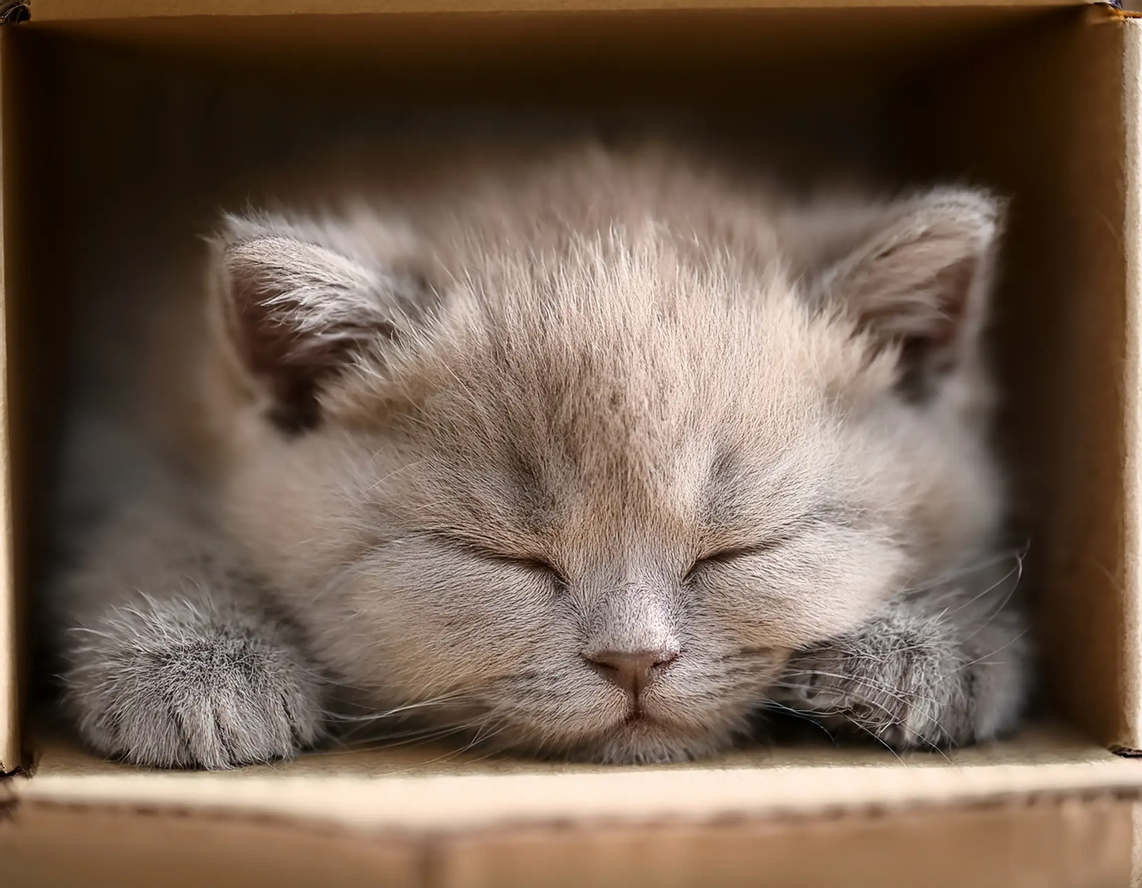 Filhote de British Shorthair dormindo dentro de uma caixa
