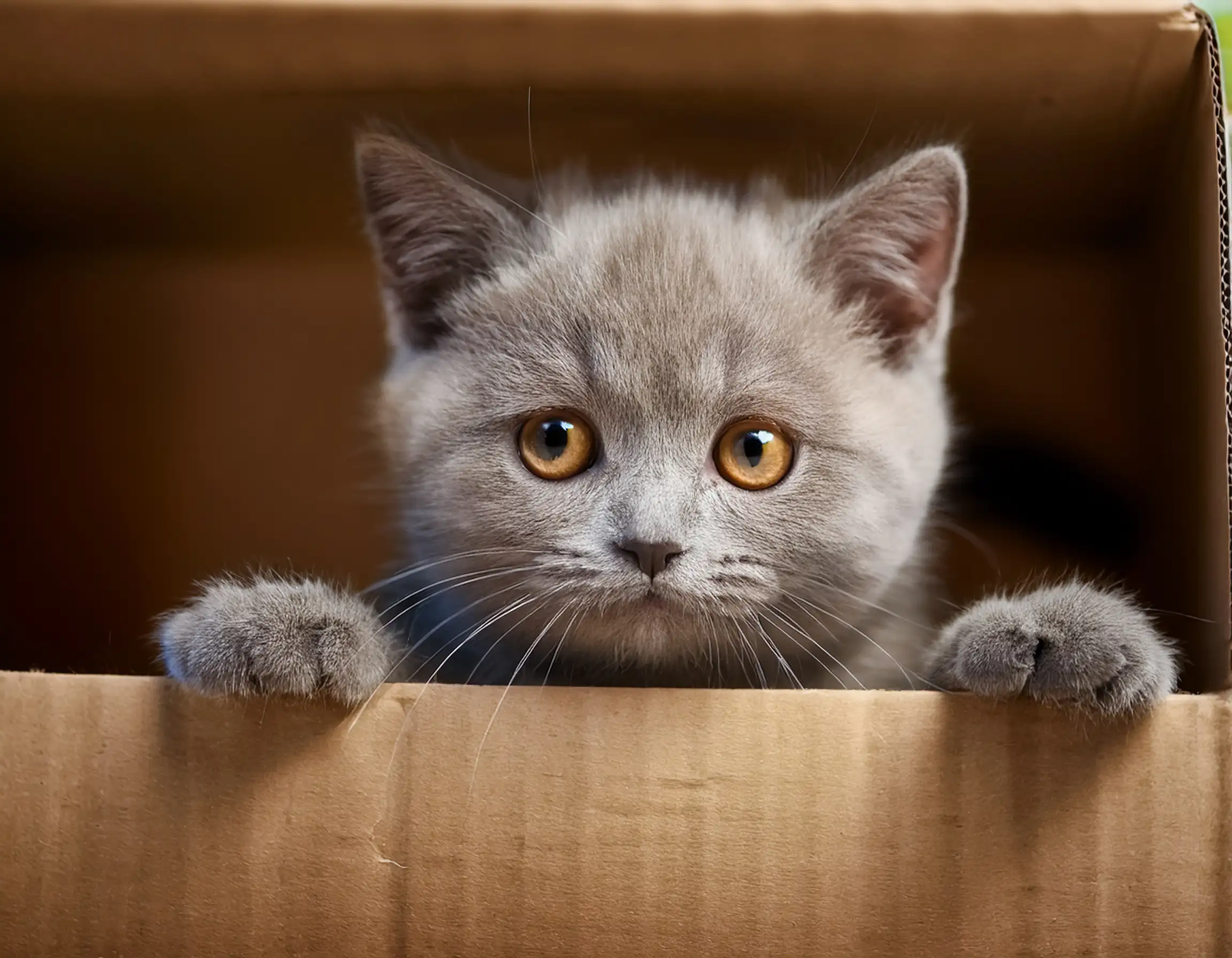 Filhote de British Shorthair parcialmente escondido na caixa
