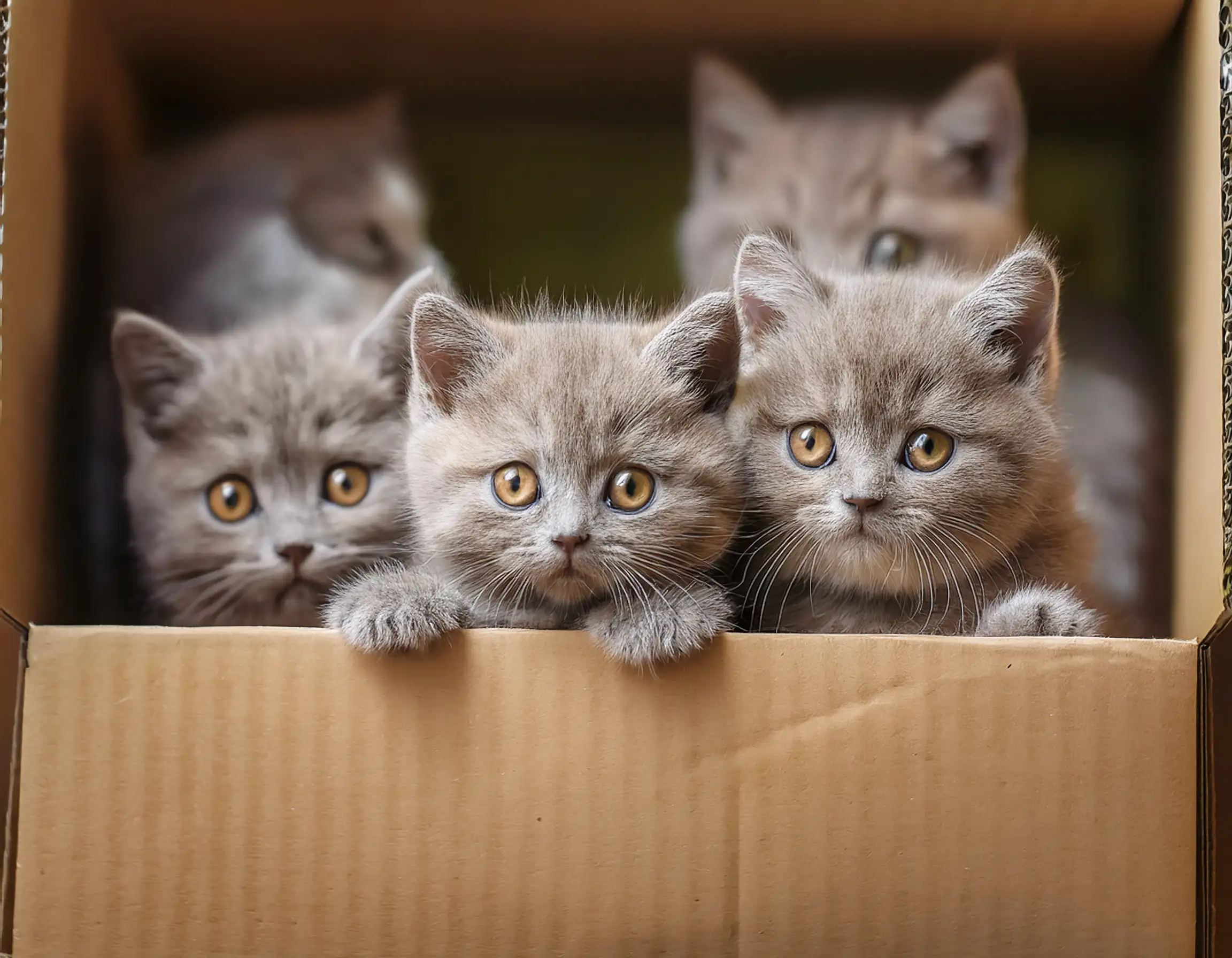 Grupo de filhotes de British Shorthair brincando em caixas