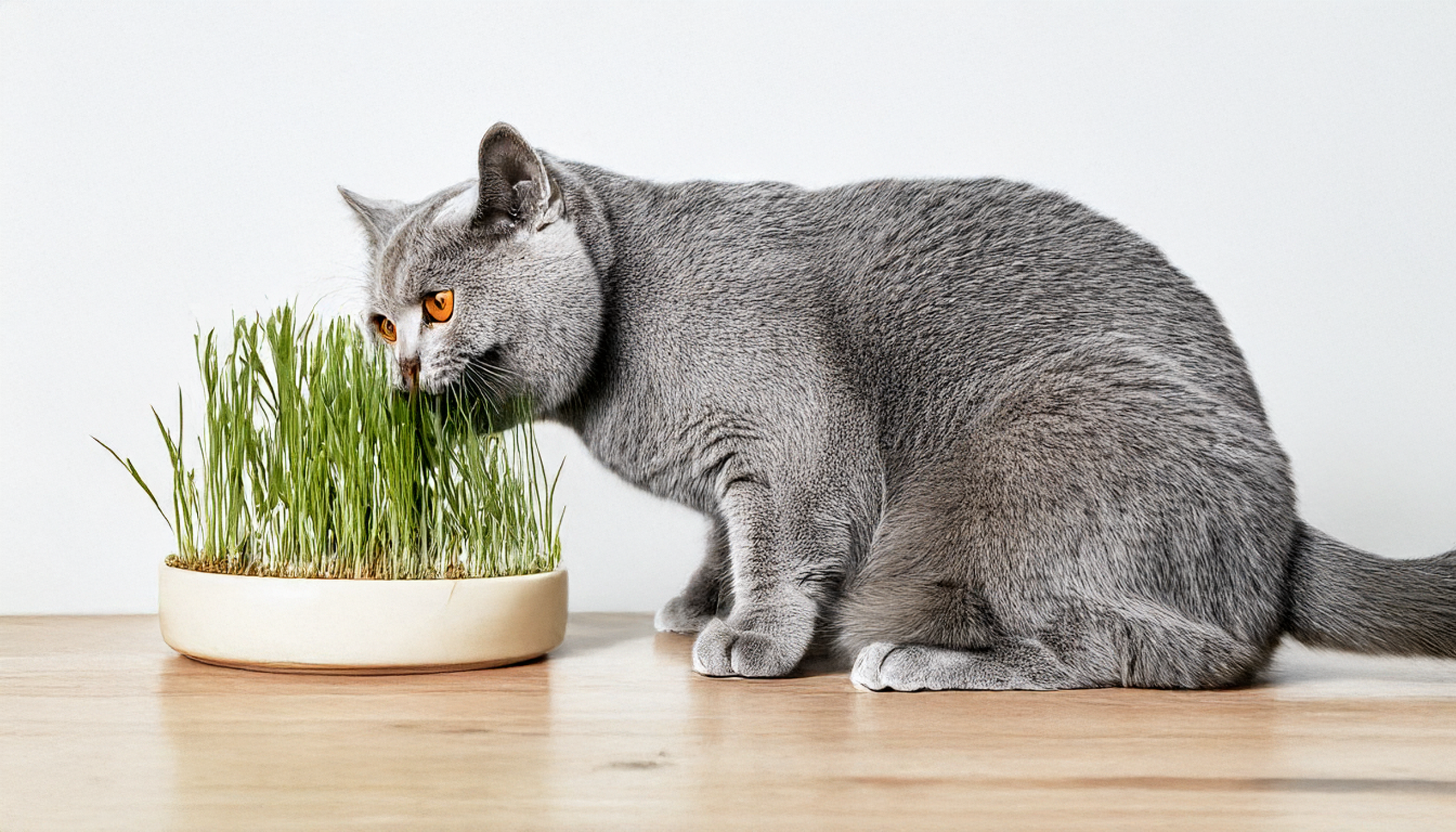 Gato British Shorthair azul mastigando graminha em um vaso