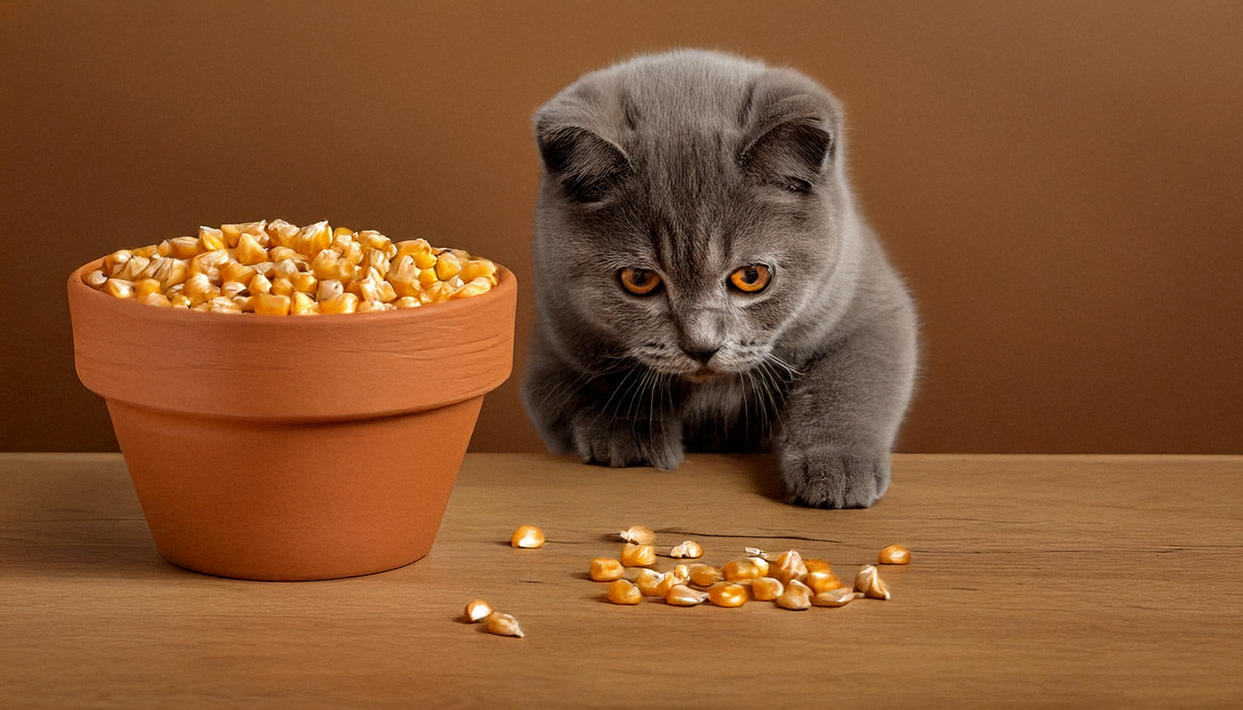 Filhote British Shorthair azul observando o plantio de grãos em um vasinho