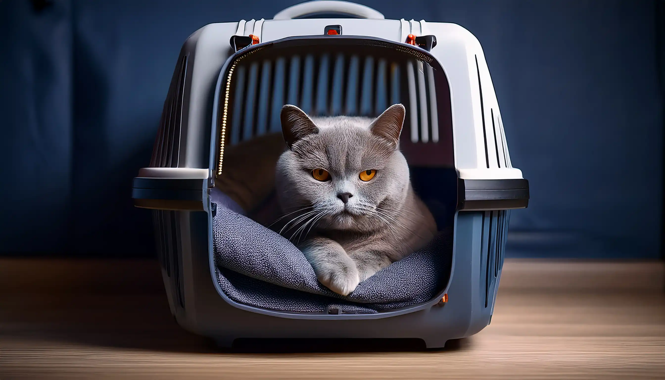 British Shorthair na caixa de transporte
