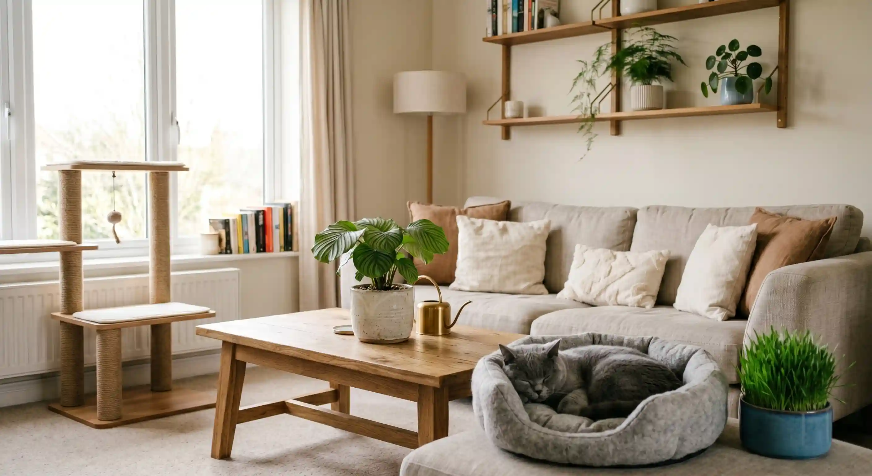 Ambiente interno seguro com plantas e zonas de descanso para British Shorthair