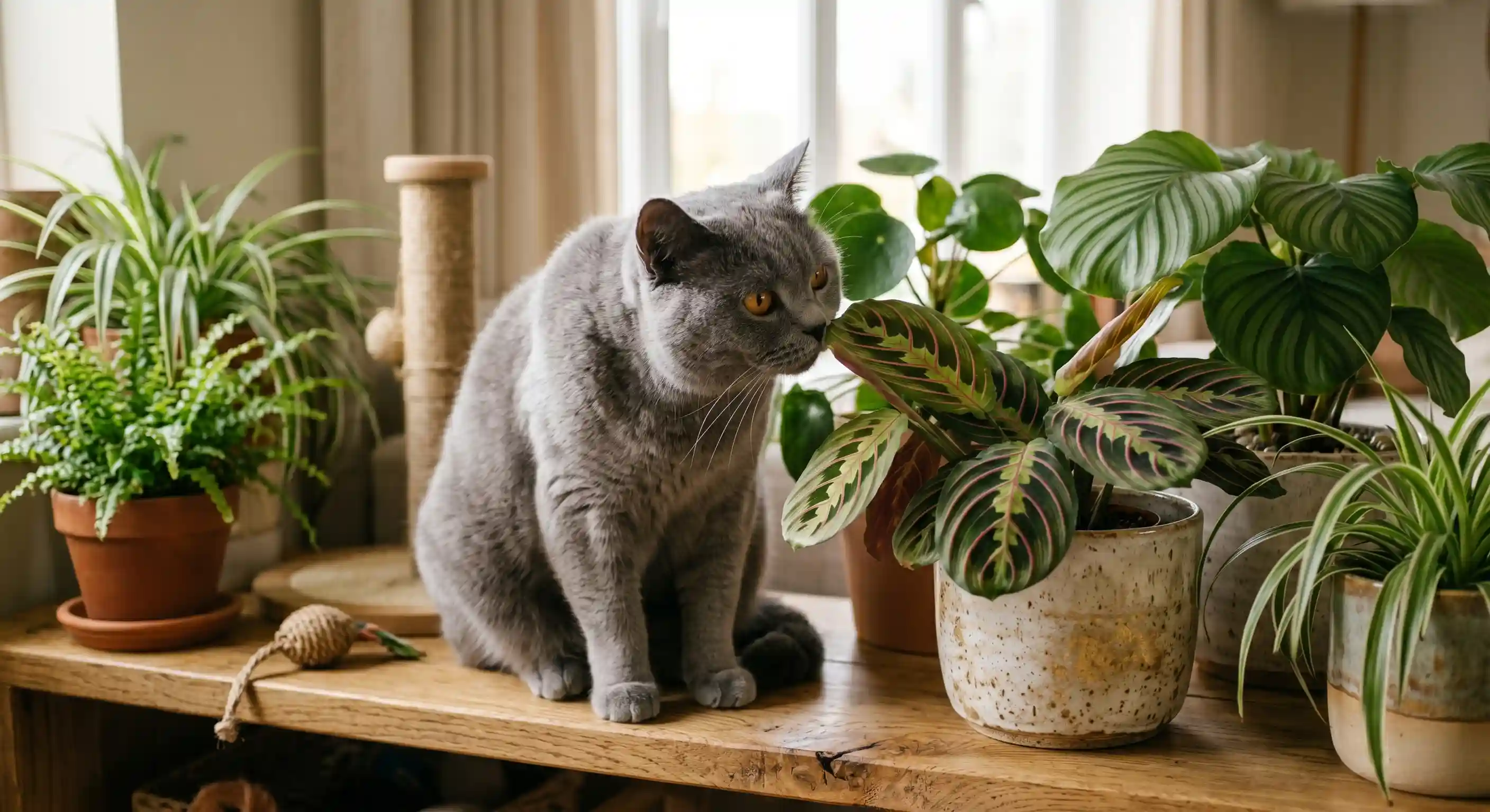 British Shorthair observando folhas de Calathea em ambiente interno