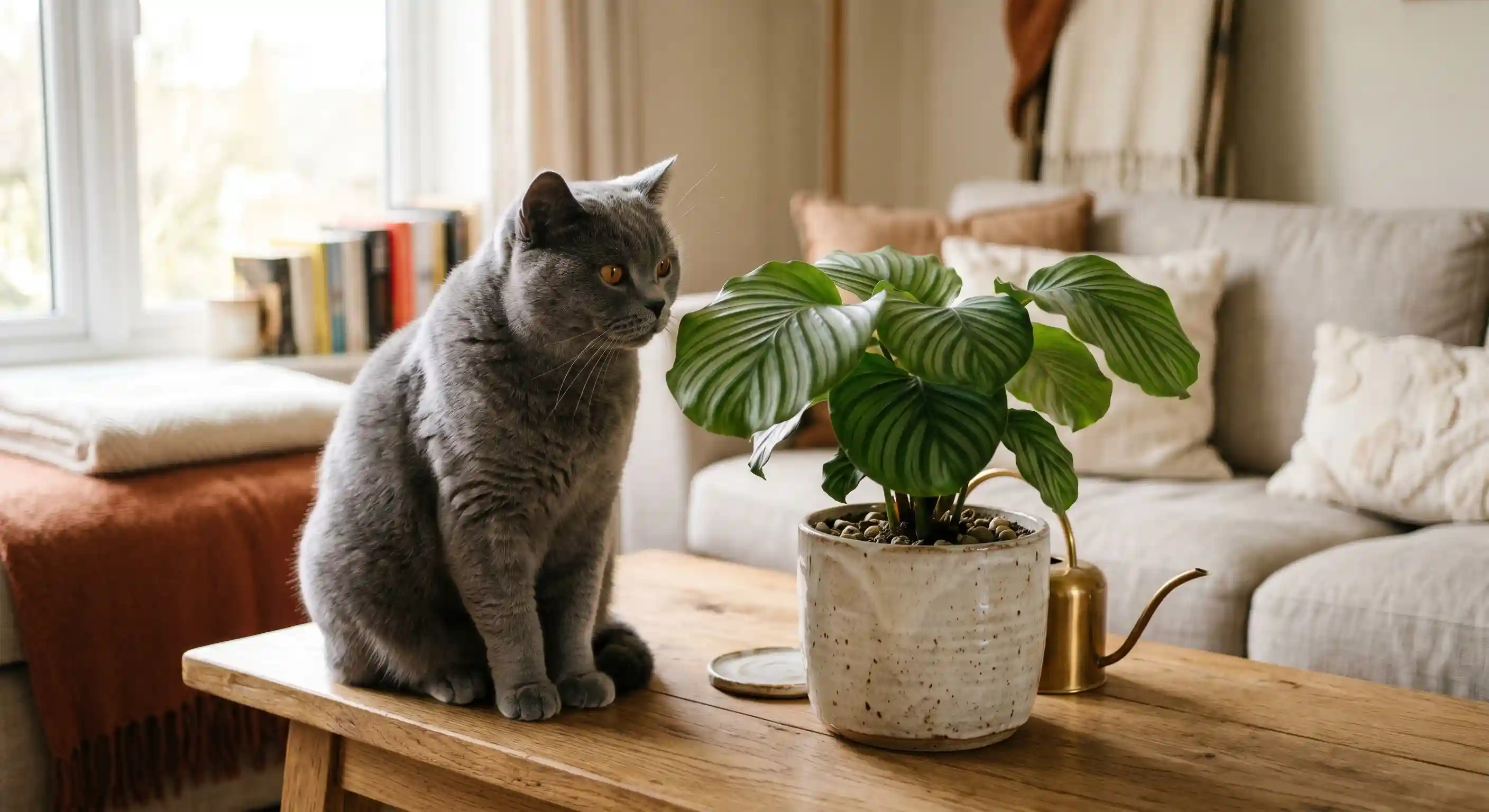 British Shorthair ao lado de planta não tóxica em sala iluminada