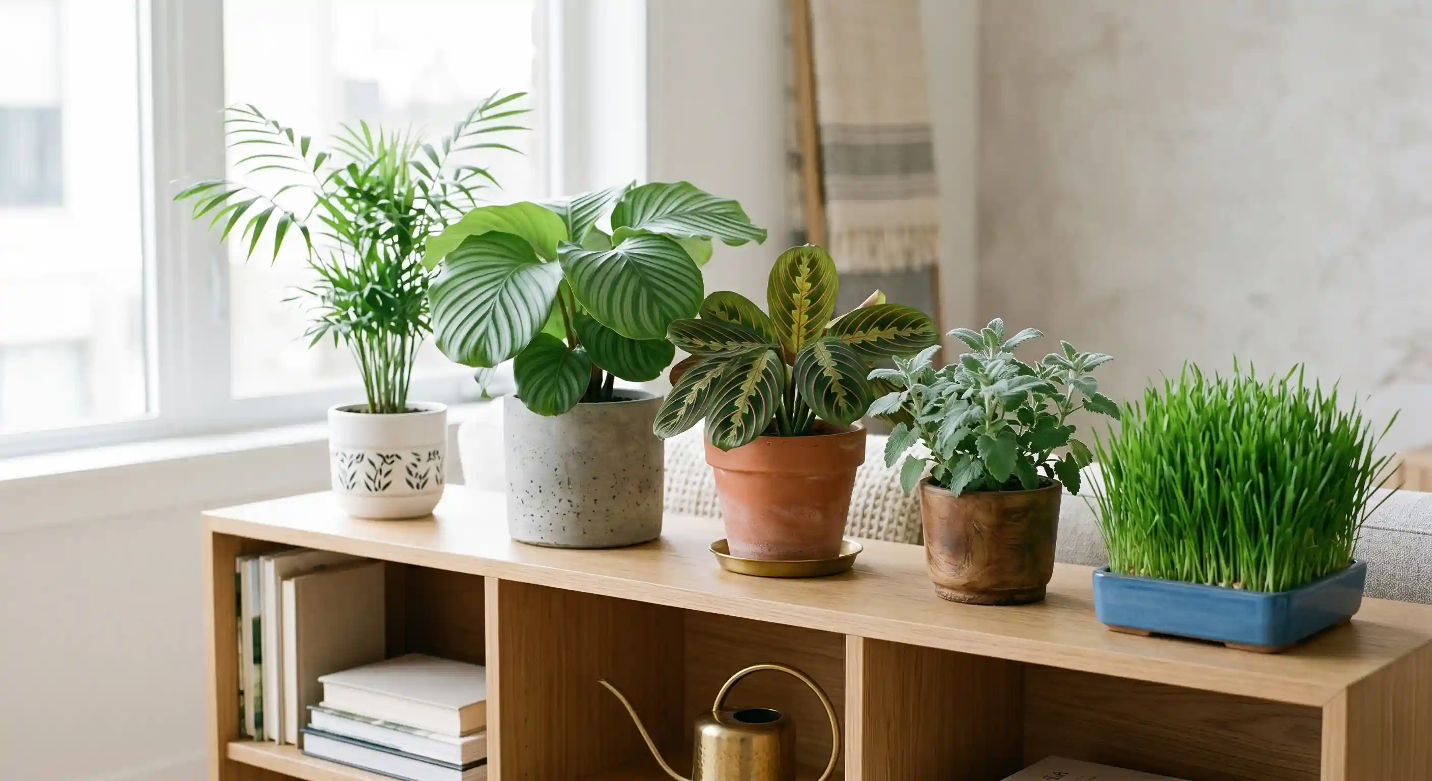 Seleção de plantas seguras para gatos em vasos organizados