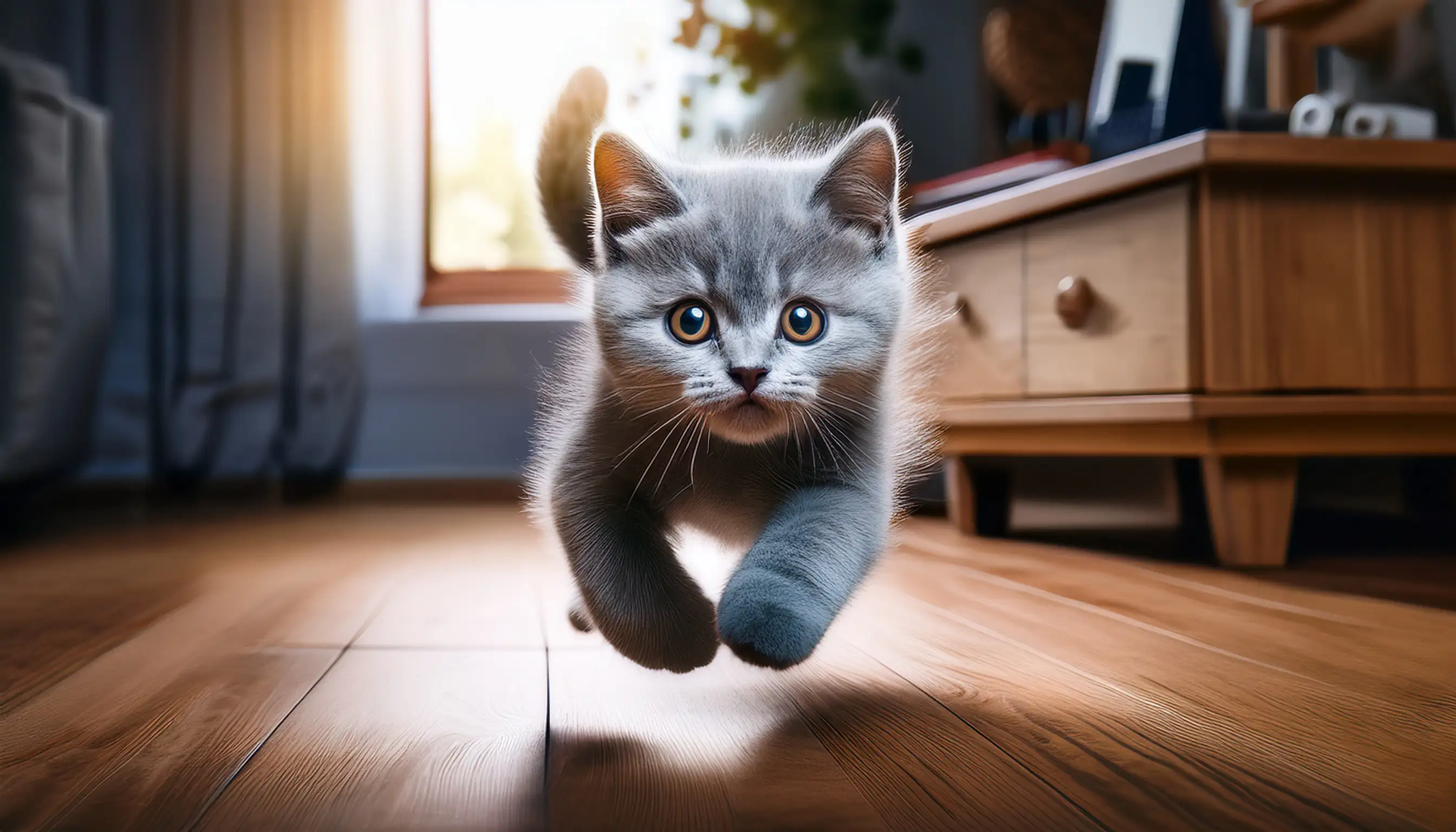 Filhote de British Shorthair correndo e brincando