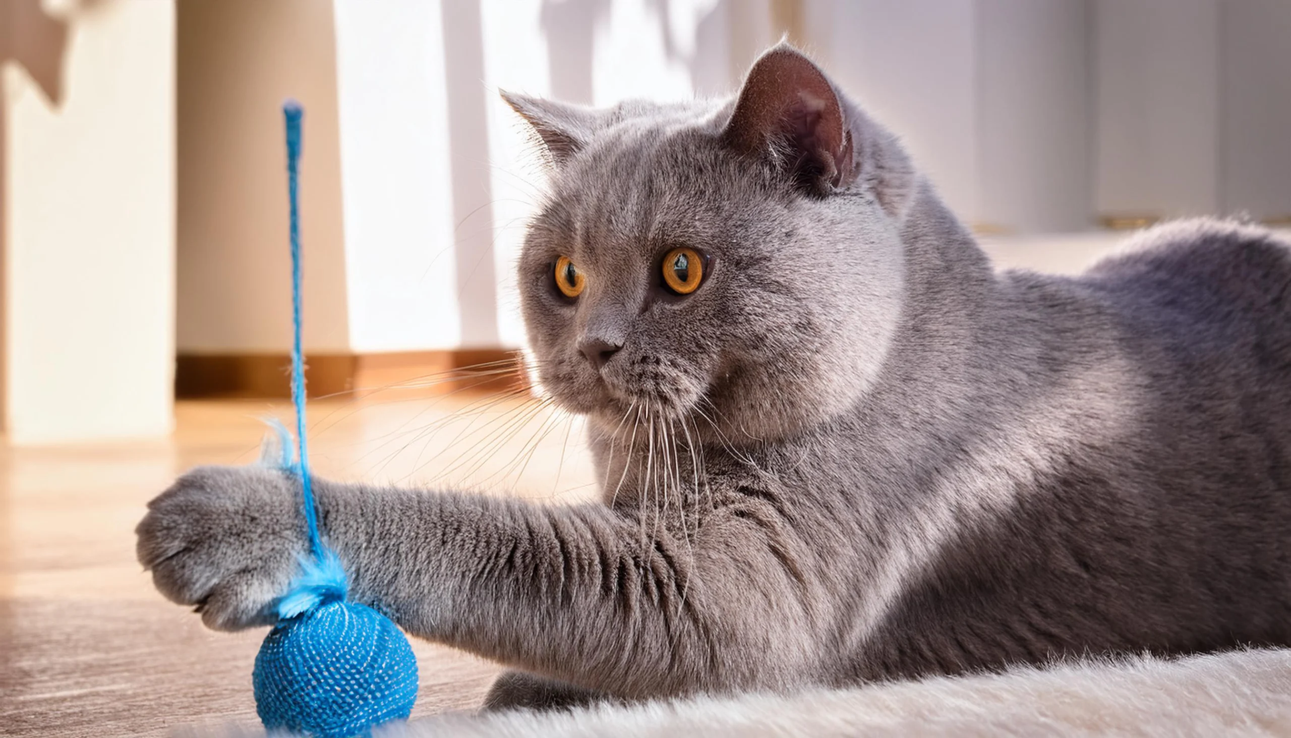 British Shorthair brincando com um brinquedo interativo